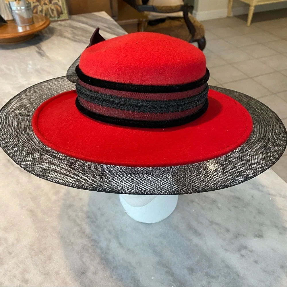Milan by Charm Floral Mesh Hat Woolen Retro Dress Hat Red Black Mesh Hat